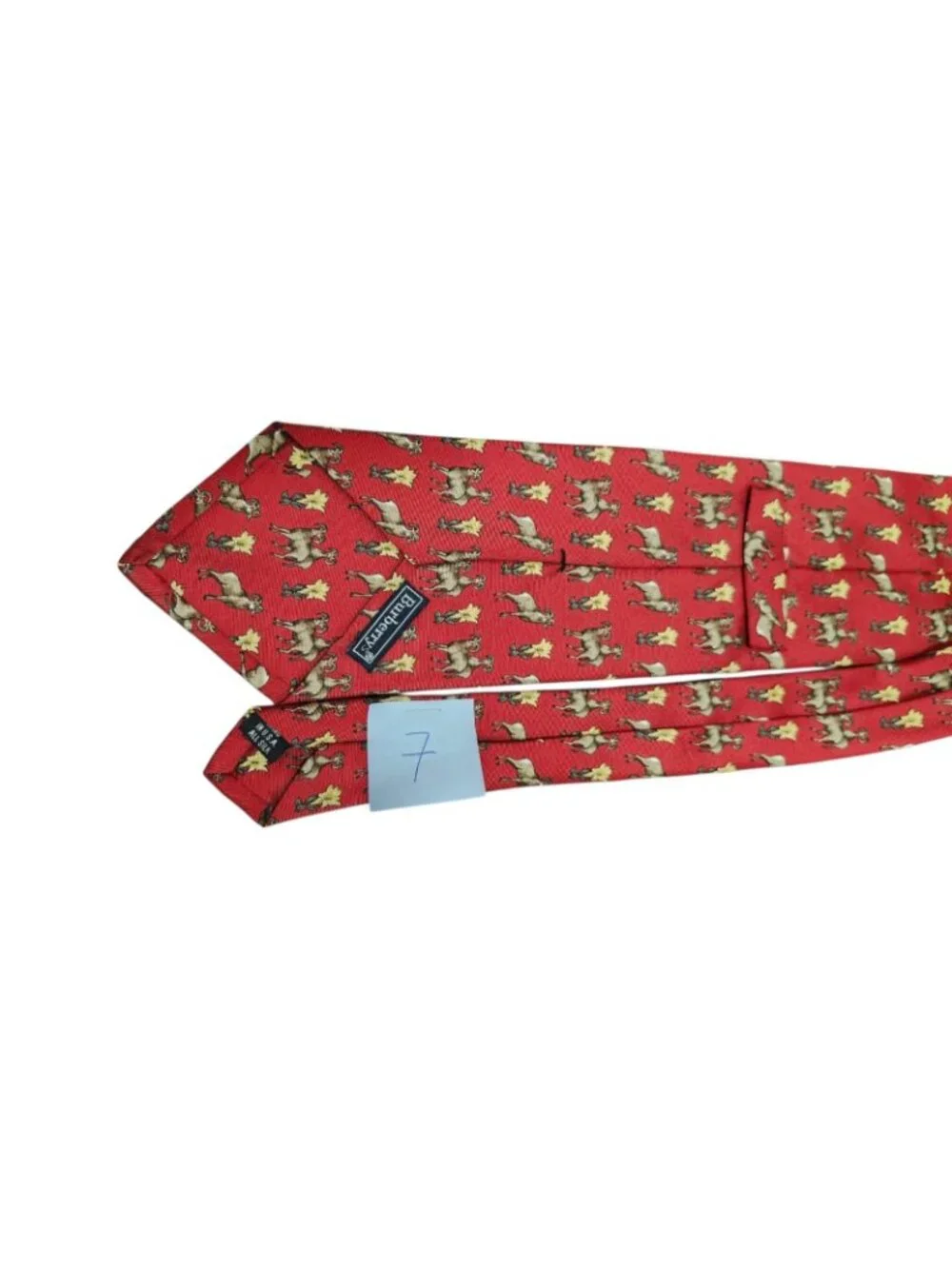 Burberrys Vintage Red Silk Ram Animal Print Tie Hand Made USA